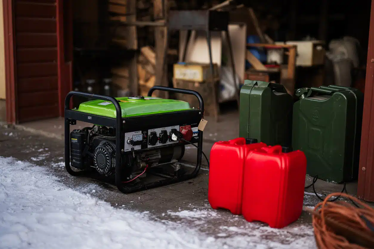 A generator and can of gasoline used to prepare for power outages after a winter storm in Michigan.