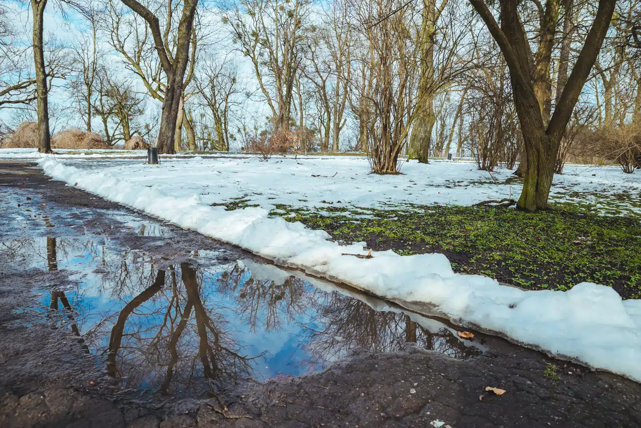 Melting snow from the yard causes spring flooding in the driveway of a home in Farmington Hills, MI.